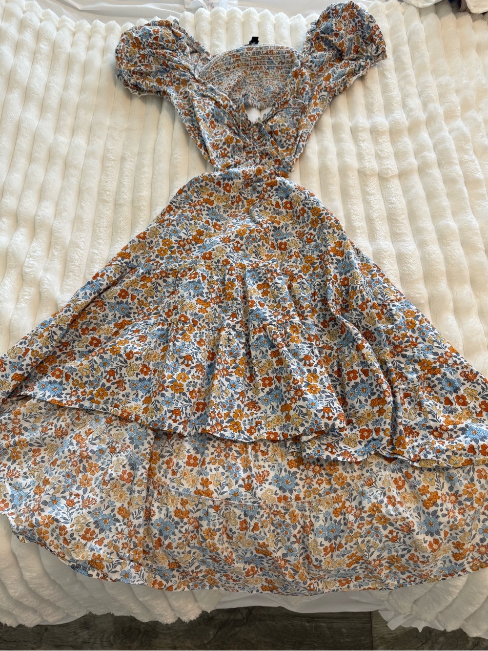 Girls Blue Floral Tiered Sundress with Puff Sleeves